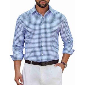 Men’s Long Sleeve Plaid Dress Shirt, Cotton Button-Down Wrinkle-Free Blue Shirt